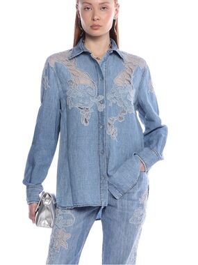 Ermanno Scervino Italy Floral Appliqué Denim Button Down Shirt size Small $1495